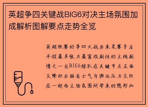 英超争四关键战BIG6对决主场氛围加成解析图解要点走势全览