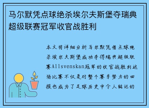 马尔默凭点球绝杀埃尔夫斯堡夺瑞典超级联赛冠军收官战胜利 马尔默凭点球绝杀埃尔夫斯堡夺瑞典超级联赛冠军收官战胜利