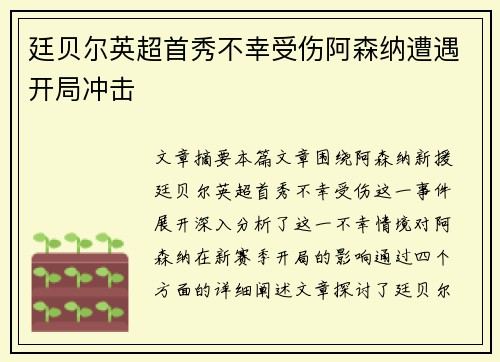 廷贝尔英超首秀不幸受伤阿森纳遭遇开局冲击